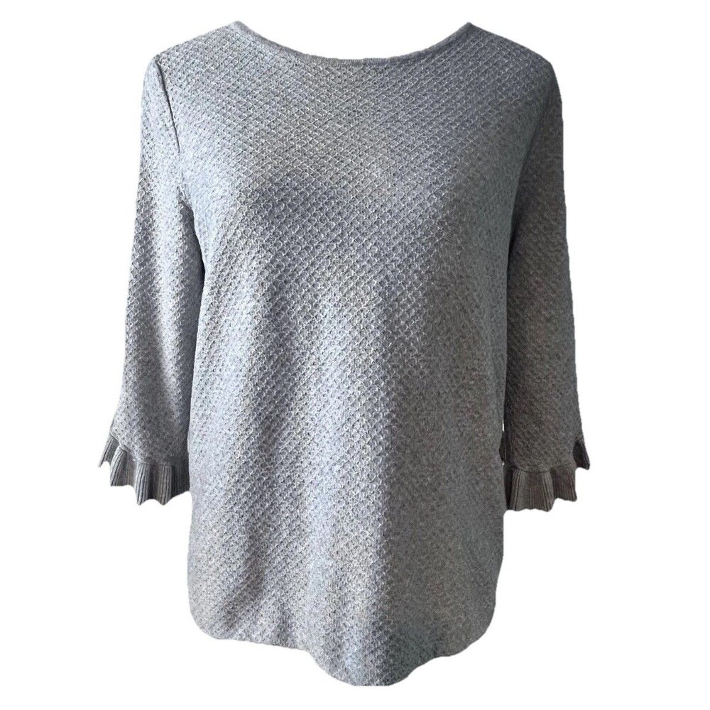 ELLE Women's Gray Textured Sweater  3/4 Sleeves With Ruffle Cuffs Large